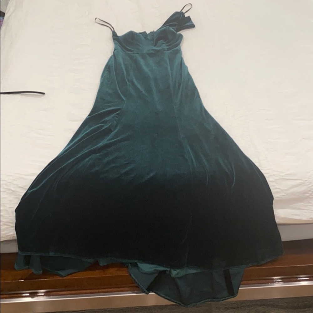 Aqua One Shoulder Velvet Dress in Dark Teal - Picture 4 of 5